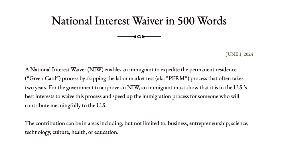 National Interest Waiver in 500 Words